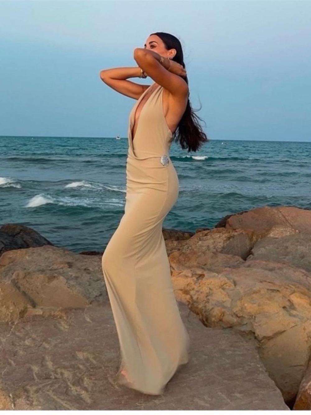 Zara Cream Halter Draped Maxi Dress with Side Brooch - Picture 10 of 11